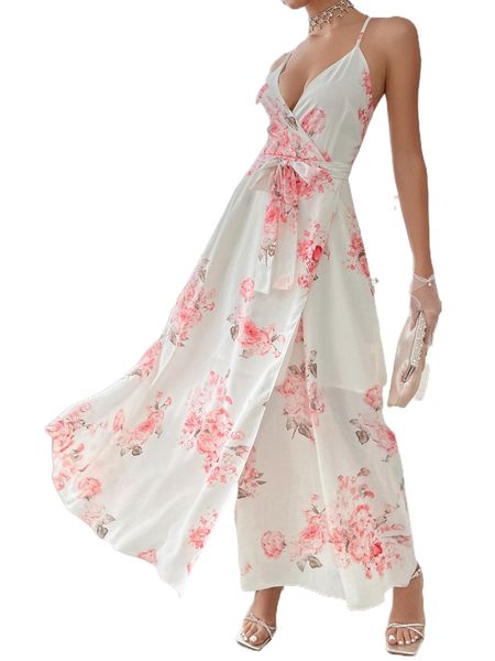 

floral print belted wrap cami dress e51n#, Black;gray