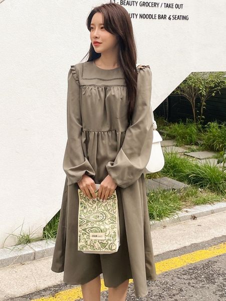 

dazy frill trim lantern sleeve dress 32sz#, Black;gray