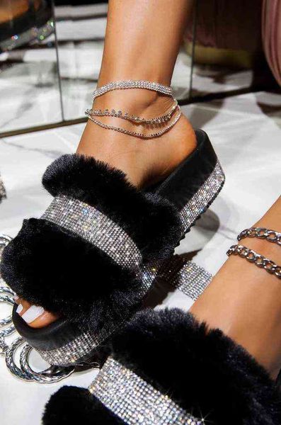 

slippers luxury designer women fur rhinestone slippers platform wedges heel solid fluffy furry slides outside shoes ladies whosale 220809, Black