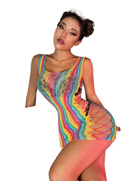 

rainbow striped cut out mesh dress without lingerie d8bq#, Black;red