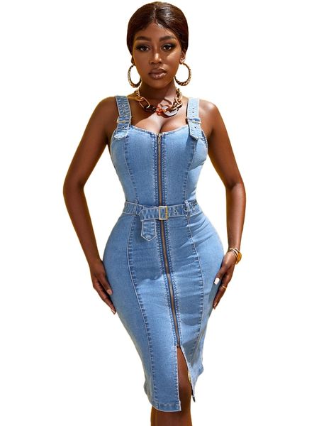 

sxy zipper front split hem belted overall denim dress v4cy#, Black;gray
