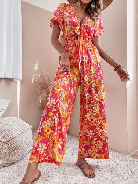 

floral print tie front wide leg jumpsuit h1ga#, Black;white