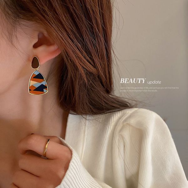 

925 silver needle fabric triangle color contrast patchwork earrings korean retro fashion earrings personalized temperament eardropwomen, Golden
