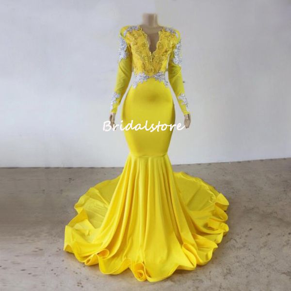 Aso Ebi sirena giallo vestito da ballo 2022 sexy scollo a V maniche lunghe abiti da sera con pizzo aperto sul retro nero ragazze abiti formali raso pavimento lunghezza laurea indossare gonna