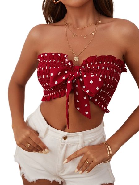 

polka dot print shirred frill trim knot front crop tube 36xy#, White