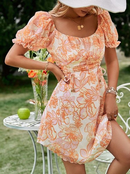 

simplee scoop neck puff sleeve allover floral dress e9sg#, Black;gray