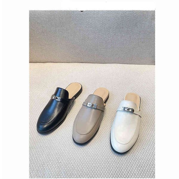 

2022 summer new one foot loafer shoes soft sole comfortable lazy baotou muller shoes buckle semi slippers for external wear outlet_sjvt, Black