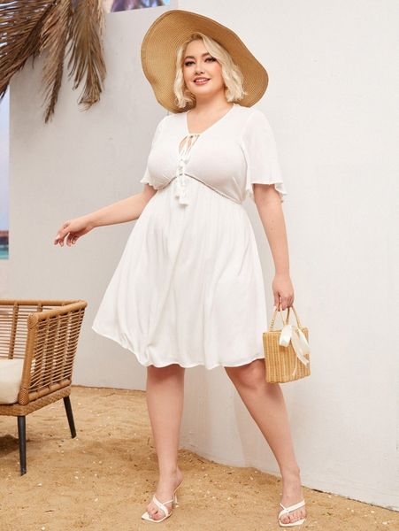 

plus tie front a-line dress d5on#, Black