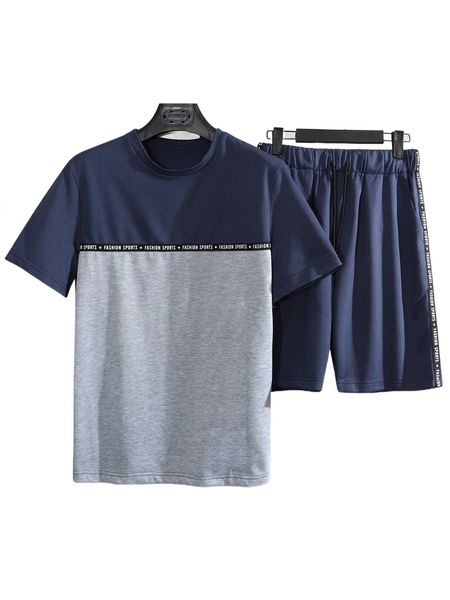 

men random color block & letter graphic tee & shorts 595f#, Gray