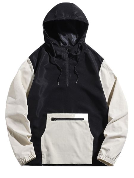 

men two tone quarter zip drawstring hooded jacket j4or#, Black;brown