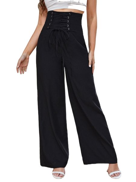 

lace up wide waistband wide leg pants p29v#, Black;white