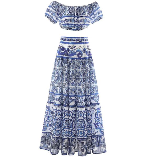 

two piece dress set blue white porcelain print slash neck skirt