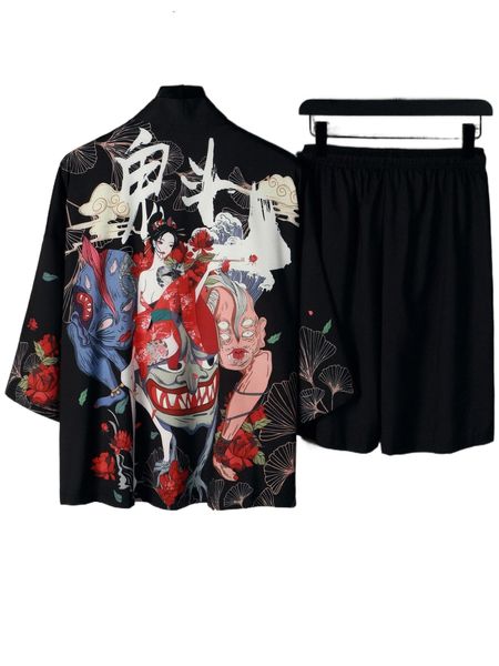 

men random figure & letter graphic kimono & shorts without tee f1j2#, Gray