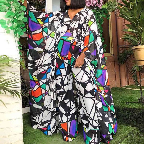 

women's two piece pants large women's clothing set, two pieces, printed chiffon casual model, long maxi cardigan, pants, vacation, White