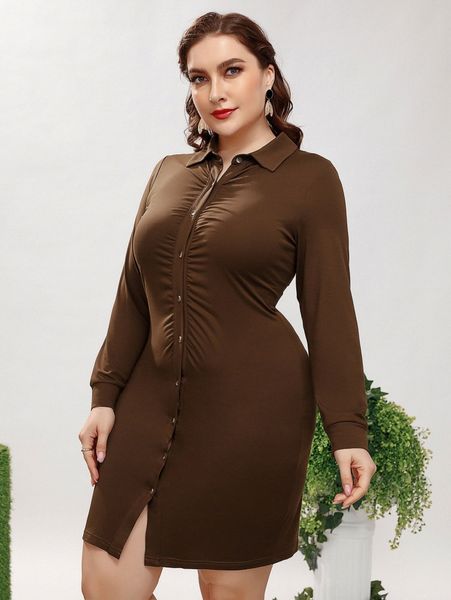 

plus solid ruched button front dress p446#, Black