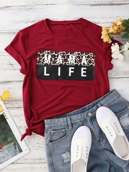 

plus letter & leopard print round neck tee 40sb#, Black