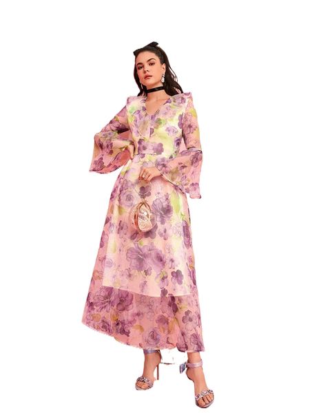 

floral print ruffle trim bell sleeve organza dress 69ki#, Black;gray