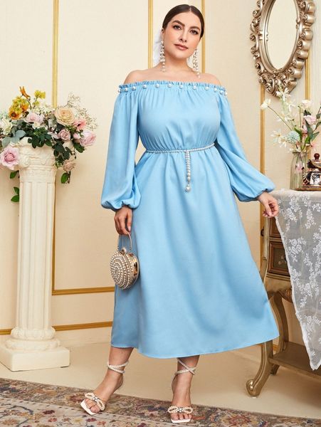 

plus pearls beaded off shoulder dress without belt j75p#, Black