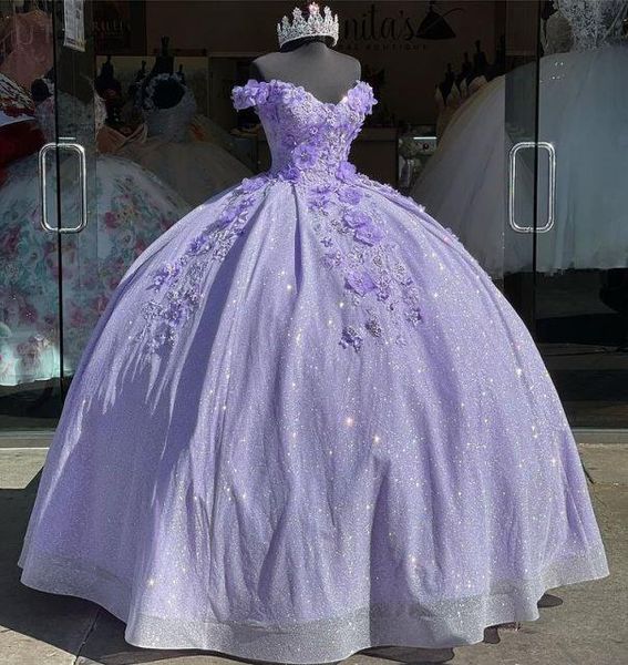 Vestido quinceanera rosa quinceanera brilhante 2022 Florals de luxo Florals vestidos de 15 anos máscaras vestido xv lavanda Dezesseis vestidos de aniversário do baile de baile azul claro