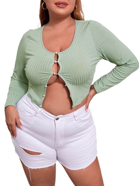 

plus button front ribbed knit crop tee z24d#, Black