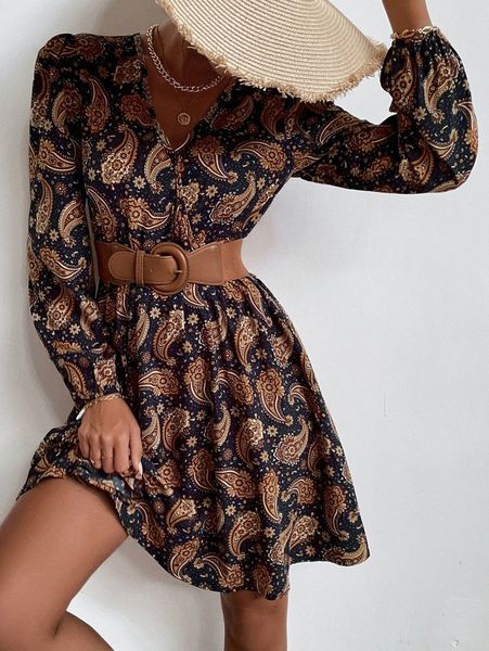 

paisley print puff sleeve dress without belt n5xq#, Black;gray