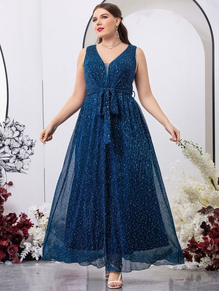 

plus contrast mesh glitter belted formal dress q8xd#, Black