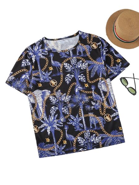 

men chain & elephant print tee u1dc#, White;black
