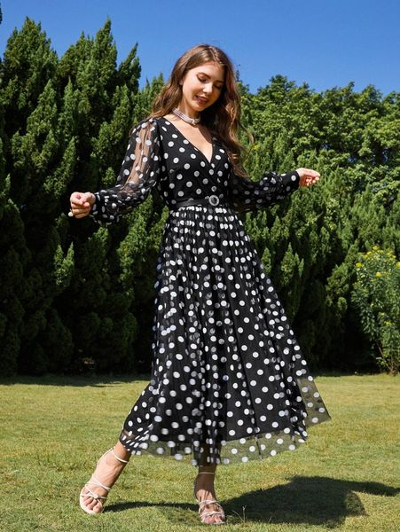 

polka dot mesh overlay surplice neck dress without belt r4vp#, Black;gray