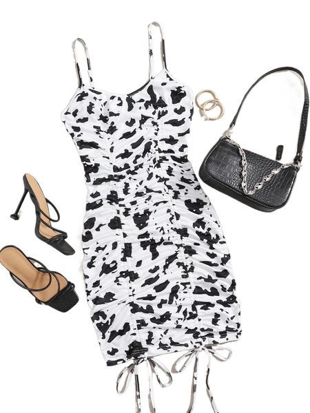 

cow print drawstring ruched bodycon dress x025#, Black;gray