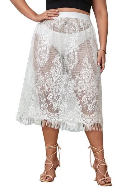 

plus fringe hem sheer lace skirt without panty r2qa#, Black