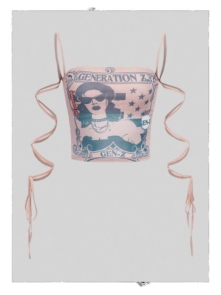 

figure & letter graphic lace up crop l1rd#, White