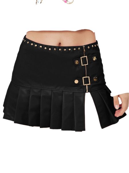 

studded detail slit hem pleated pu leather skirt h5ss#, Black