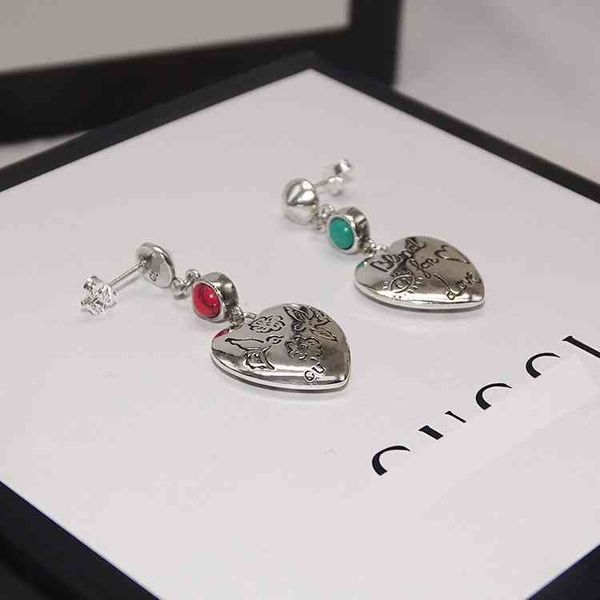

factory wholesale 925 heart-shaped love fearless bird singing flower fragrance malachite turquoise heart-shaped earrings asymmetric earrings, Golden