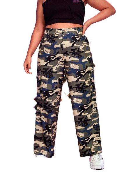 

plus camo print flap pocket side cargo pants 74dm#, Black