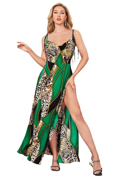 

leopard & scarf print split thigh cami dress g25c#, Black;gray