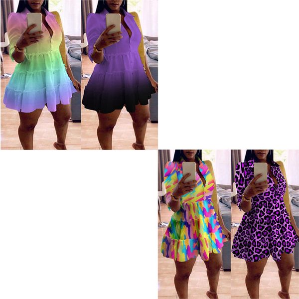 Impressão colorido de babados camisa vestido mulheres mousewear moda de meia manga na cintura alta mini vestido de verão vestidos de festa casual de plus size