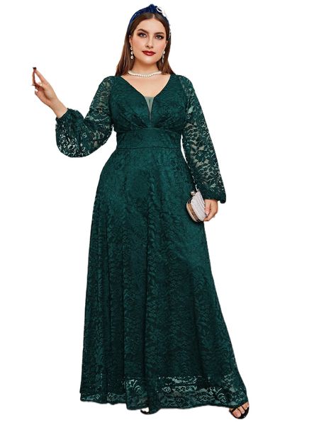 

plus mesh insert contrast lace lantern sleeve formal dress z9me#, Black