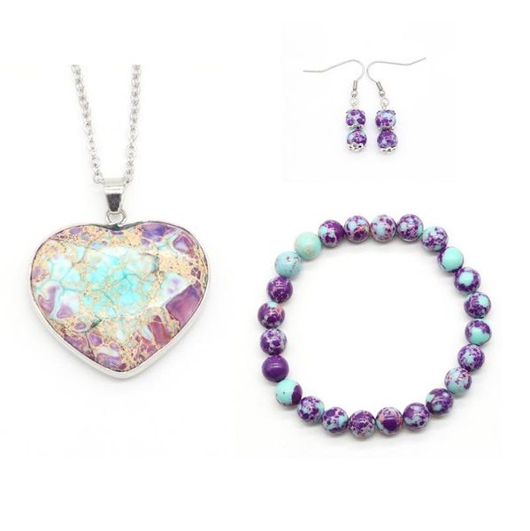 Ohrringe Halskette lila und blau Big Love Heart Anhänger Armband Sets handgefertigte Perlen Frauen Schmuck 2022 GS007Earrings
