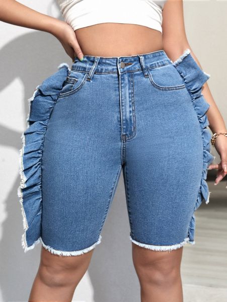 

sxy ruffle trim raw cut denim shorts 733j#, White;black