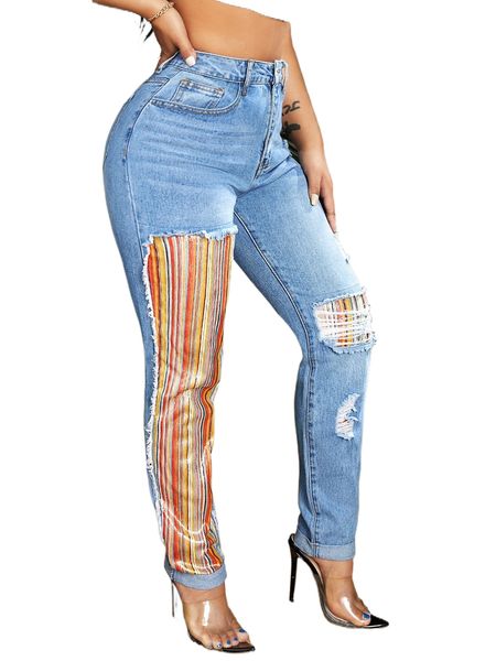 

high waisted contrast striped print ripped jeans 303c#, Blue