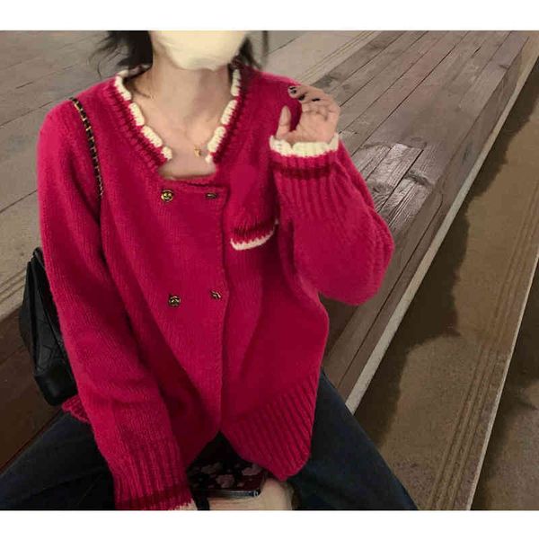 

women's sweaters style raspberry pie contrast lace rose button winter knitted cardigan mohair thickened rose red sweater women 8c45, White;black
