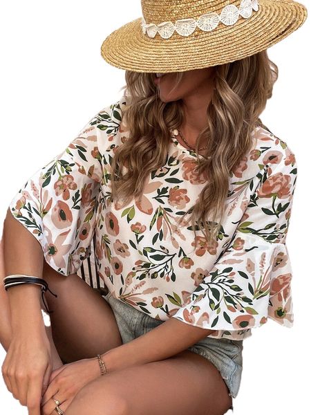 

floral print petal sleeve blouse q611#, White