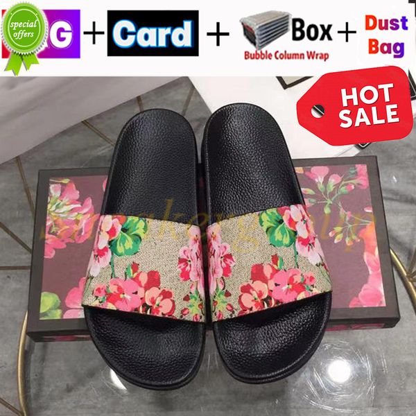 

2022 designer slippers men women slides with box dust bag card shoes bloom web black floral strawberry print slide leather rubber red sandal