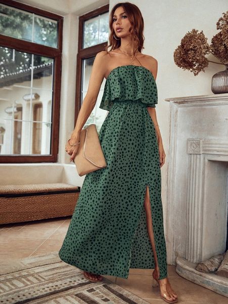 

random all over print ruffle trim split thigh maxi tube dress m6yg#, Black;gray