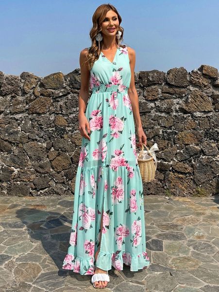 

missord shirred waist split hem floral dress 41n6#, Black;gray