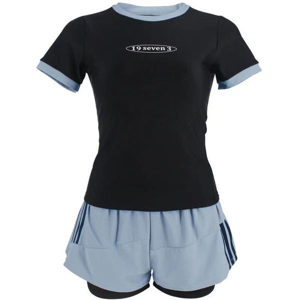 

split women's summer two-piece suits short sleeved conservative belly covering slim professional sports spring two piece seaside swimsu