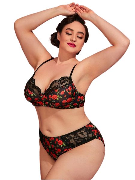 

plus floral print contrast lace underwire bra & panty set l42p#, Black;white