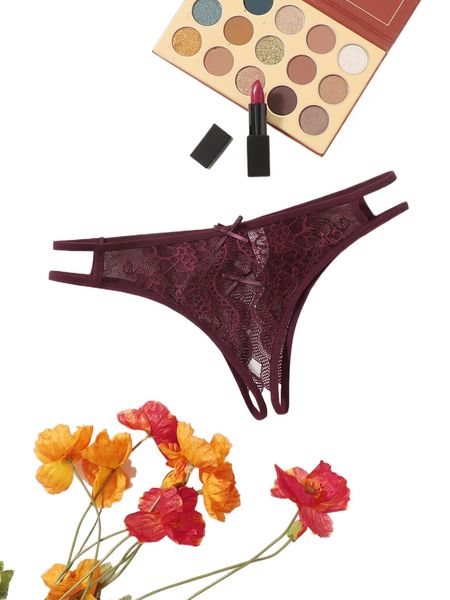 

floral lace crotchless panty t0gn#, Black;red