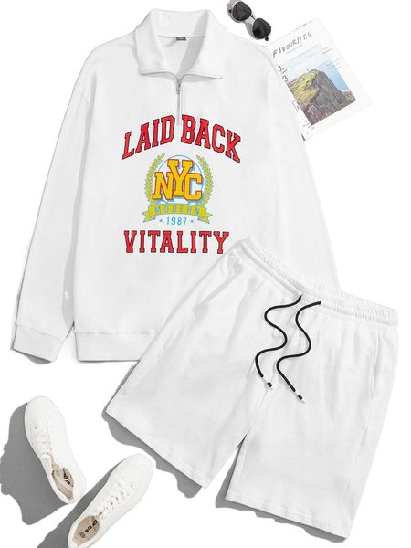 

men letter graphic half zip sweatshirt & drawstring waist shorts e6wb#, Gray