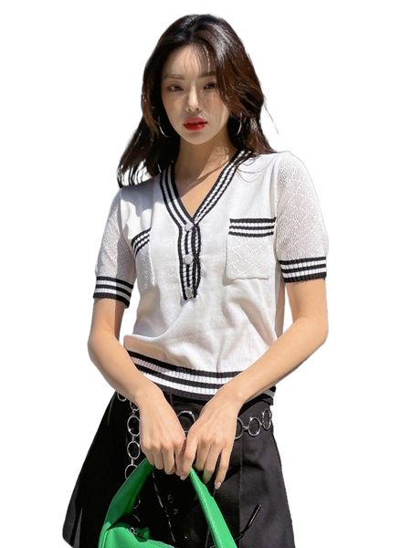 

dazy striped trim button front pocket detail crop knit w0w0#, White;black